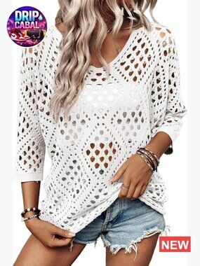 Crochet Hollow Out V-Neck Pullover Sweater 3/4 Sleeve Beach Cover Up